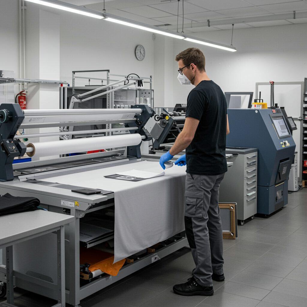 Professionelle Textildruckwerkstatt mit neutralen Textilien